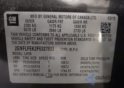 2015 Chevrolet Equinox 1Lt from USA, damaged, VIN 2GNFLFEK2F6327893